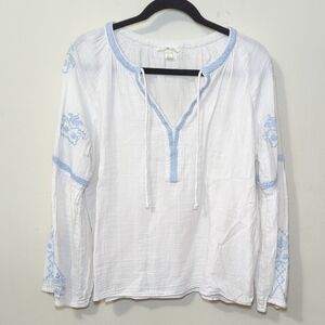 H&M Embroidered Peasant Blouse White + Blue Cotton Bell Sleeve Women's Size 4